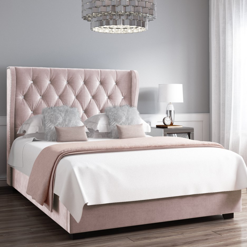Safina Diamante Wing Back Bed In Light, Pink Crushed Velvet Headboard
