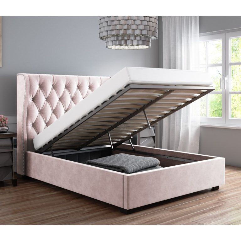 Safina Diamante Wing Back Double Ottoman Bed in Light Pink Velvet