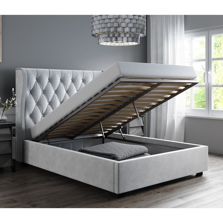 Majestic Safina Diamante Wing Back Small Double Ottoman Bed in Silver Grey Velvet Oxford Beds