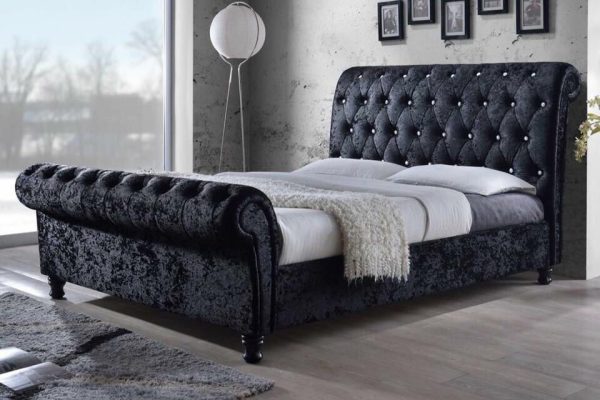 NEW DIAMONTES CRUSHED VELVET SLEIGH BED