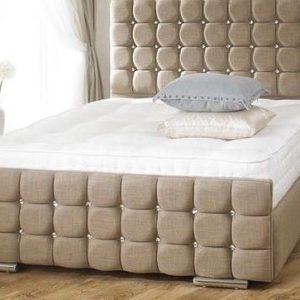 Cube Upholstered Bed Frame with cube Headboard and Footboard in Fabric Buttons