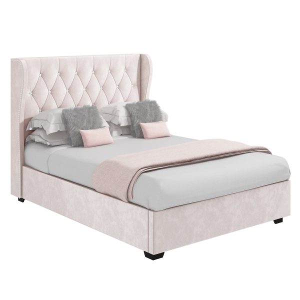 Safina Diamante Wing Back Bed in Light Pink Velvet - Image 10