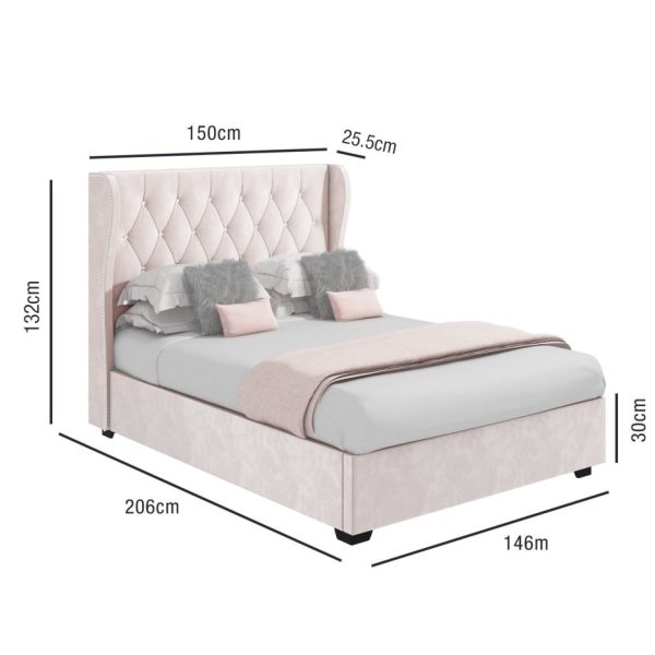 Safina Diamante Wing Back Bed in Light Pink Velvet - Image 9