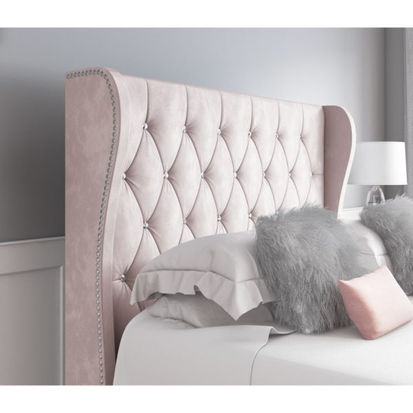 Safina Diamante Wing Back Bed in Light Pink Velvet - Image 11