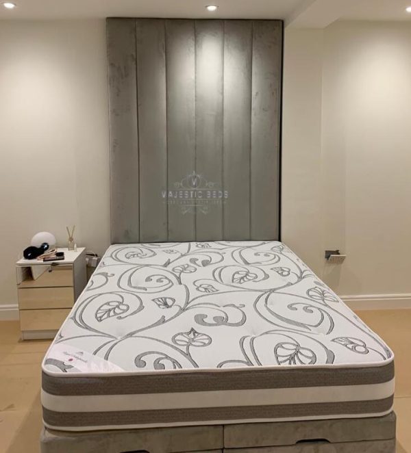Bespoke Designer Multi Panelled Upholstered Headboard, Wooden Ottoman Bed Base and Majestic Super Orthopedic Mattress