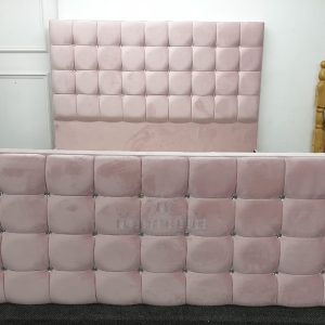 Cubic Upholstered Bed Frame with cube Headboard and Footboard in Fabric Buttons