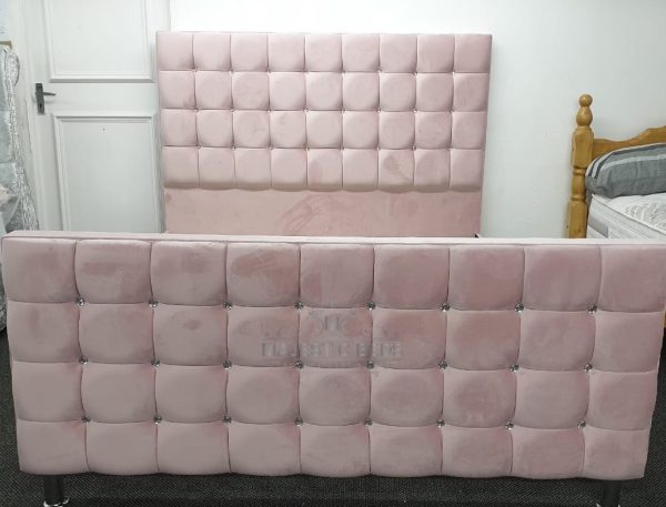 Cubic Upholstered Bed Frame with cube Headboard and Footboard in Fabric Buttons