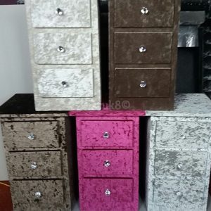 CRUSHED VELVET BEDSIDE DRAWS WITH CRYSTAL HANDLES (NO FLATPACK)