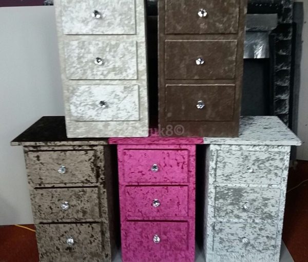 CRUSHED VELVET BEDSIDE DRAWS WITH CRYSTAL HANDLES (NO FLATPACK)